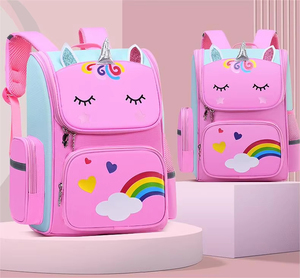 Mochila Escolar Primaria Unisex Versión Coreana, Ligera, Impermeable, de una Sola Pieza, con Diseño de Rayas y Protector de Espalda de Lona - Product Image 1