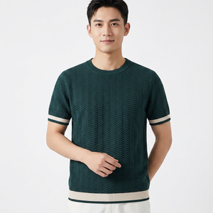 Custom Logo Front Printed O-Neck Short Sleeve Knit <b>Wool</b>/Nylon Casual Elastic Breathable Regular Fit Men's Sweater - Product Image 1