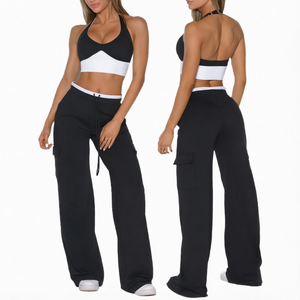 High Elasticity Solid Anti-Wrinkle Hip Lifting Drawstring Multi <b>Pocket</b> Work <b>Pants</b> Women's Halter Neck Gathering Bra Fitness <b>Yoga</b> - Product Image 1