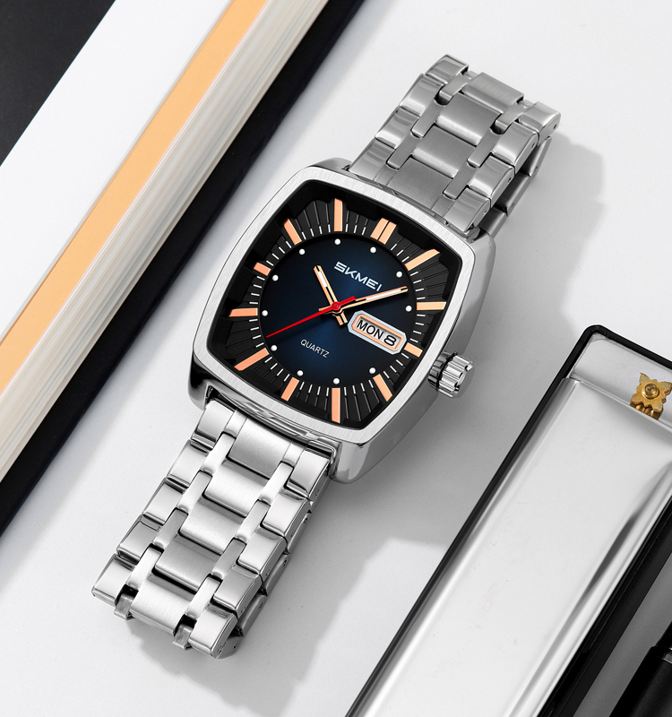 2025 New Release SKMEI 9354 Quartz Watch Stainless Steel Band 5 Colors Rose Gold Accents Slim Rectangle Date Week Display 30M