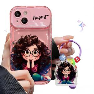 Funda para Teléfono Móvil con Colgante de Chica con Gafas Transparentes de Dibujos Animados para <span class=keywords><strong>iPhone</strong></span> 17 16 15 Pro Max, Funda con Espejo Abatible y Cordón Hecho de TPU - Product Image 3