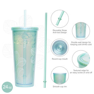 Wholesale Pearlized Green Leaf <b>Plastic</b> <b>Tumbler</b> BPA-Free Reusable Stainless Steel <b>Tumblers</b> with Lids and Straws - Product Image 3
