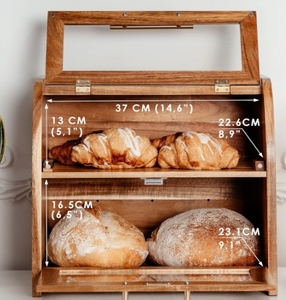 Contenitore per Pane <span class=keywords><strong>in</strong></span> <span class=keywords><strong>Legno</strong></span> di Acacia a 2 Livelli, Quadrato, con Finestra Trasparente e Coperchio Ventilato per Piano Cucina - Product Image 6
