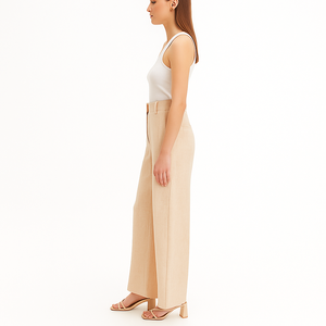 بنطلون نسائي واسع الساق بخصر مرتفع مصنوع من القطن والكتان، متوفر بالجملة حسب الطلب - Product Image 2