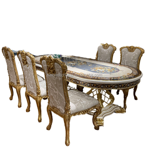 Elegante Tavolo <span class=keywords><strong>da</strong></span> <span class=keywords><strong>Pranzo</strong></span> Neo Classico Dorato, Tavolo Ovale in Legno Intagliato Stile Reale Turco con Sedie in Tessuto per Arredamento di Ville - Product Image 1