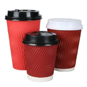 Xícaras de café de papel adesivo personalizadas, xícaras de café vermelhas descartáveis de papel ondulado 12 oz