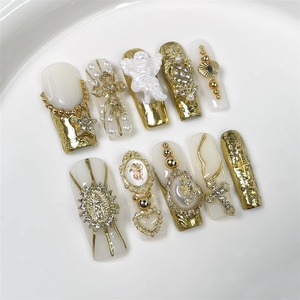 Faux ongles longs carrés rouge vin à motif français en relief, décoration croix <span class=keywords><strong>Vierge</strong></span> Marie, style rétro, pour la Saint-Valentin - Product Image 5