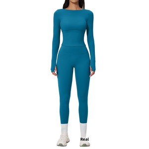 Ensemble de sport haut de gamme respirant pour femme : haut de yoga uni et pantalon <span class=keywords><strong>taille</strong></span> haute moulant pour la course en extérieur et le fitness - Product Image 2