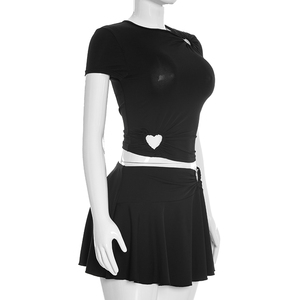 Viviblook Q26ST030 Ensemble d'été pour femmes, nouveau top court sexy à manches courtes, coupe ajustée, jupe mini à découpes en forme de cœur, ensemble deux pièces - Product Image 3