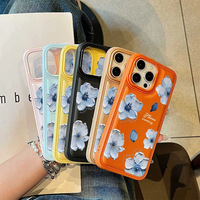 Élégante Coque de Téléphone à Motif Floral Peint à l'Huile Bleue pour iPhone 17 16 15 14 11 12 13 Pro Max Plus 17 Air en Similicuir et TPU