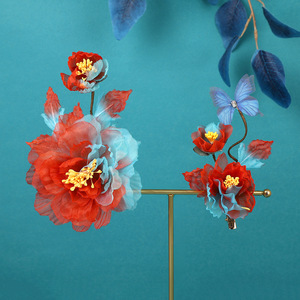 2024 New Original Design Handmade Antique <b>Hair</b> <b>Accessory</b>, Red and Blue Color Block Peony Perforated Flower <b>Hair</b> Clip, Hanfu - Product Image 1