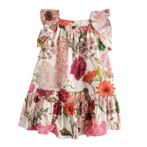 Custom high quality kids dress pinafore style sleeveless ruffles floral pattern printing baby girl's dresses