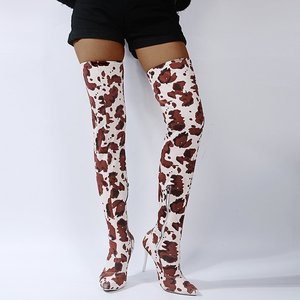 Xinzirain personnalisé femmes mode animaux talons Stiletto demi-côté fermeture éclair vache impression sur le genou haute cuisse <span class=keywords><strong>bottes</strong></span> en cuir - Product Image 5