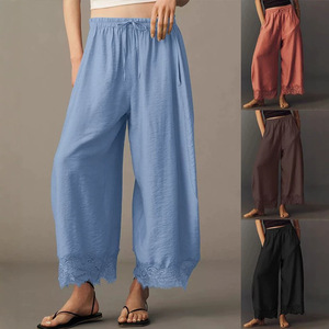 Nouveau design 2026 – <span class=keywords><strong>Pantalon</strong></span> palazzo large pour <span class=keywords><strong>femme</strong></span> avec ourlet en dentelle, coupe décontractée et <span class=keywords><strong>taille</strong></span> élastique pour l'été - Product Image 4