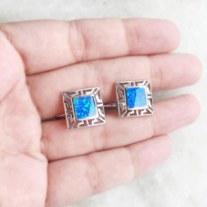Boucles d'oreilles clés grecques rétro en opale bleue en argent sterling 925 - Product Image 6