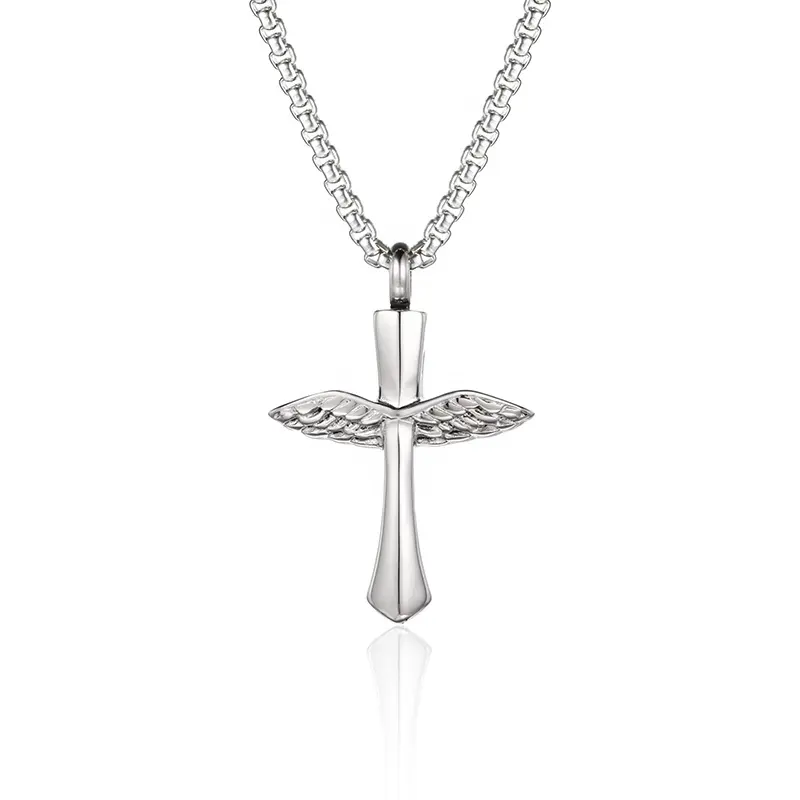 Wholesale Cheap Price Stainless Steel Angle Wings Cross Urn Pendant Cremation Necklaces For Ashes Put In