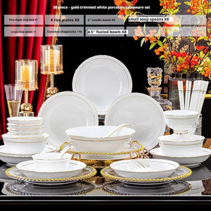 Services <span class=keywords><strong>de</strong></span> table en porcelaine fine <span class=keywords><strong>de</strong></span> luxe, bord doré, bols à soupe blancs, assiettes, <span class=keywords><strong>vaisselle</strong></span> en céramique <span class=keywords><strong>pour</strong></span> hôtel, restaurant, mariage - Product Image 4