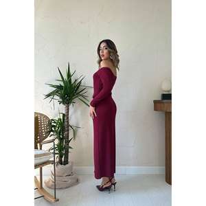 Vestido de punto color borgoña, estilo bodycon, con hombros descubiertos, cintura natural, transpirable, para mujer. - Product Image 1