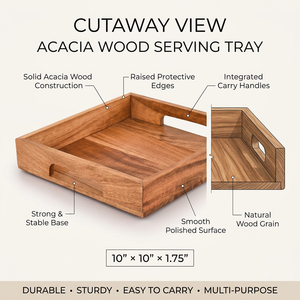 ACACIA LIVING Bandeja de Servir de Madera de Acacia de 10x10 Pulgadas con Asas Integradas, Acabado con Recubrimiento en Polvo, Apta para Lavavajillas y Microondas - Product Image 4
