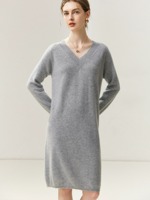 Robe en cachemire pur à 100% à col en V, tricotée, pour femmes, automne et hiver, ample, mi-longue, élégante, robe pull pour le travail