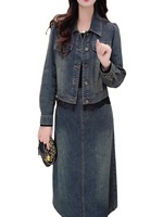Costume manteau en jean à manches longues vintage vieilli personnalisé ensemble veste en jean jupes pour femmes à la mode taille moyenne