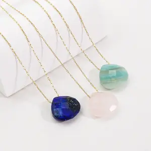 NUORO Stainless Steel Gold Plated Fine Chain Necklace Simple Water Drop Cut Gem Natural Stone Crystal Pendant Necklace