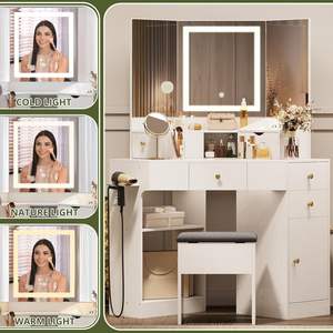 Tocador de esquina, tocador de maquillaje con estación de carga Luces Espejo y taburete de almacenamiento - Product Image 3