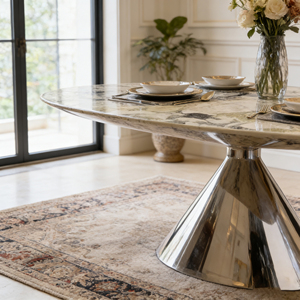 Tavolo da Pranzo di Lusso di Alta Gamma con Piano in Marmo e Base Riflettente per Casa Moderna - Product Image 6