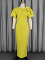 ADR060171 Robe jaune décontractée moulante à manches courtes bouffantes en jacquard avec fente pour l'été