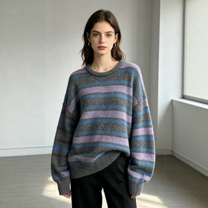 Pull en coton tricoté à manches longues pour femme avec logo personnalisé OEM, col rond, décontracté, hiver, rayures sur le devant, séchage rapide, respirant - Product Image 4