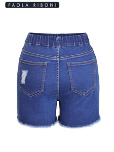 Shorts en jean décontractés d'été pour femmes, extensibles, avec cordon de serrage, taille élastique, déchirés, style Bermuda, pour femmes - Product Image 2