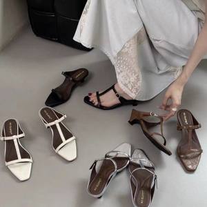 Sandalias de verano de una sola tira de seda satinada, sandalias de tacón alto estilo europeo, elegantes y modernas sandalias de tacón grueso para mujer - Product Image 2