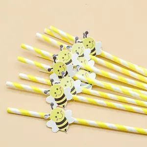 Bee Theme Card Party Straw Decoration Series Birthday Baby Shower Party Disposable Paper Straw