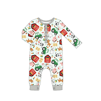 Geprinte bamboe baby romper met lange mouwen, één geheel met drukknopen aan de voorkant, drukknopen in het kruis en contrastkleurige afwerking.