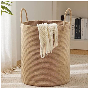 <b>Jute</b> Cotton Rope Laundry Hamper <b>Basket</b> Woven Storage Organizer With Handles Clothes Blanket Toy Home Storage - Product Image 5