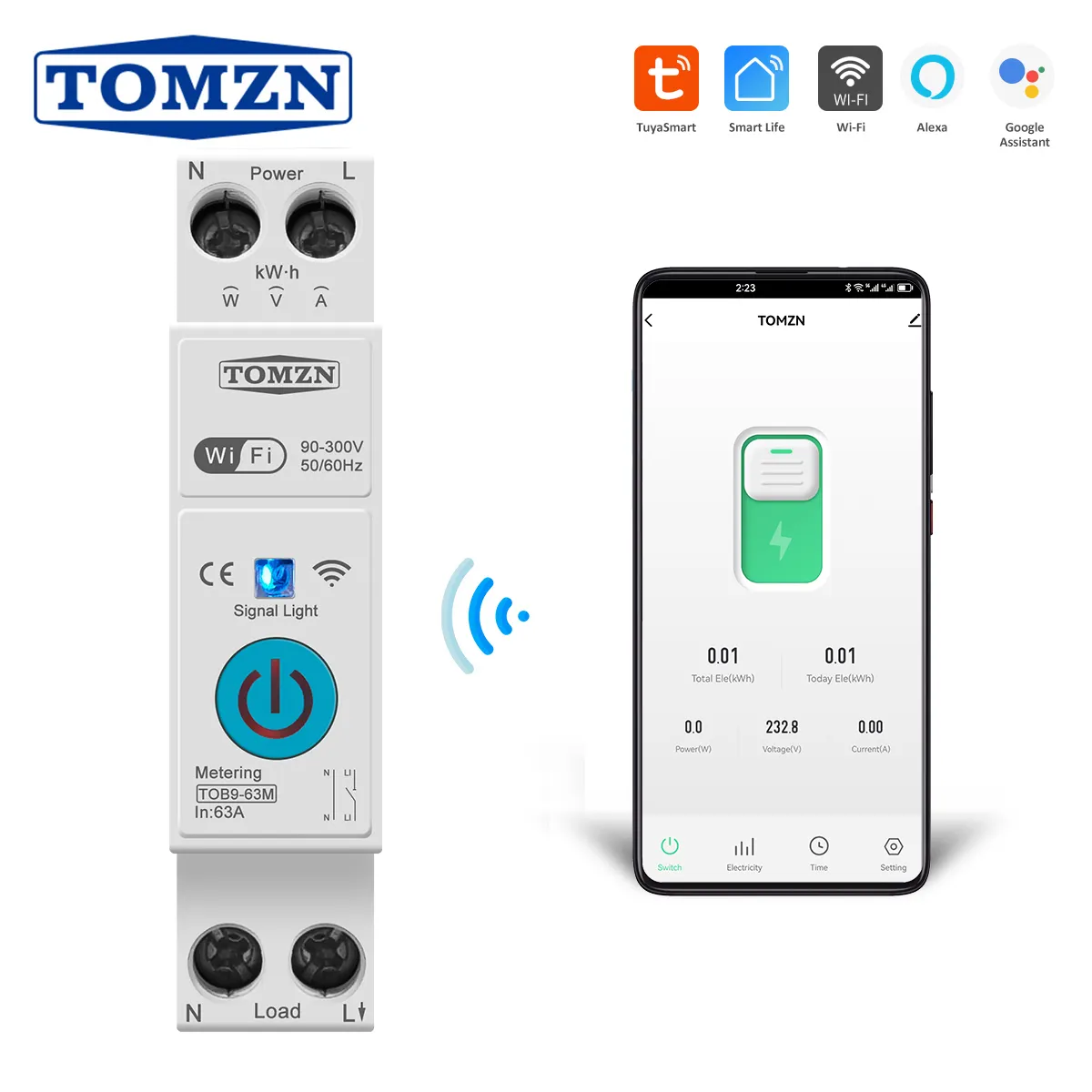 TOMZN 63A 1P+N WIFI Smart Switch Energy Meter Kwh Metering Monitoring Circuit Breaker Timer Relay MCB TUYA smartlife