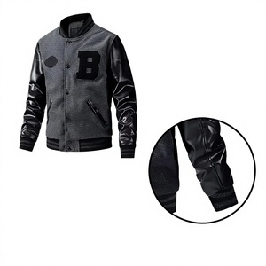 <b>Men's</b> Gray Varsity Jacket <b>Black</b> Cotton Sleeves Mandarin Collar Front Logo Breathable Baseball <b>Coat</b> - Product Image 6