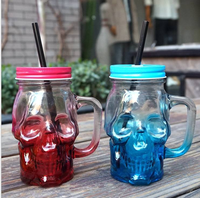 Bouteille en verre en forme de crâne de 480 ml (16 oz) avec poignée, paille et couvercle à vis – Mug à grimaces, pot à boire, bocal Mason en verre