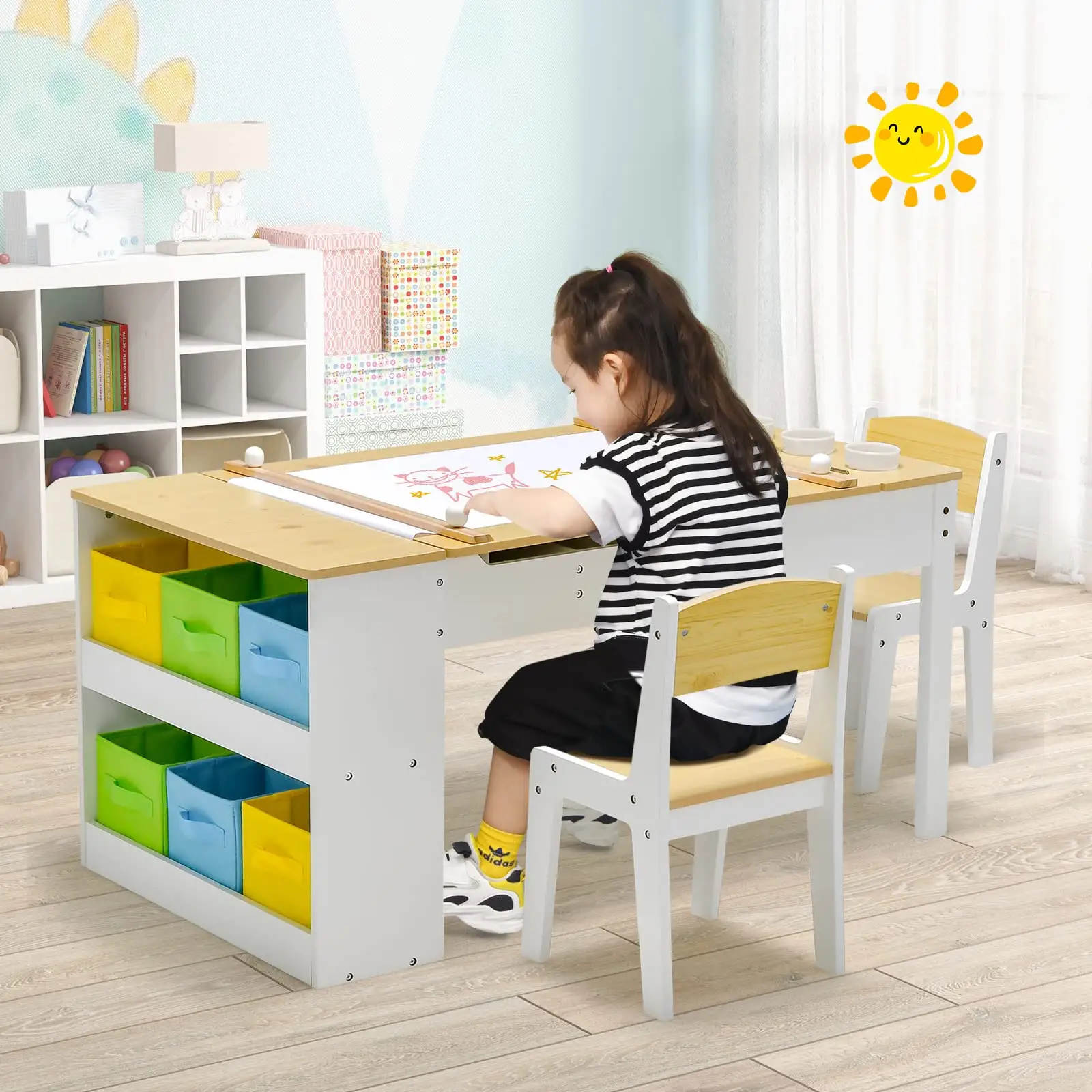 wooden kid's storage table and chairs set furniture with storage space for toddlers drawing reading art qingdao modern small moq