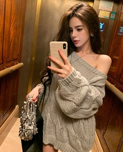 Chic Grey Slouchy Knit Sweater | <strong>Sparkly</strong> Off-Shoulder <strong>Jumper</strong> | Loose Fit Warm Pullover Top | Fall Fashion Essential - Product Image 4