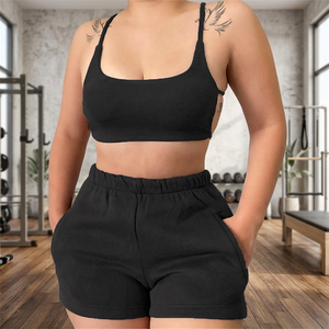 Wholesale Women's Panelled <b>Sequined</b> Button Crop <b>Top</b> Tank Sweat Shorts 2 Piece Matching Set Summer 100% Cotton 2022 - Product Image 3
