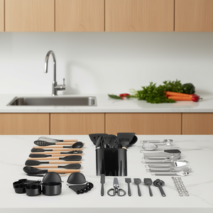 Ensemble de 50 ustensiles de cuisine en silicone noir avec manche en bois, spatules et cuillères résistantes à la chaleur - Product Image 2