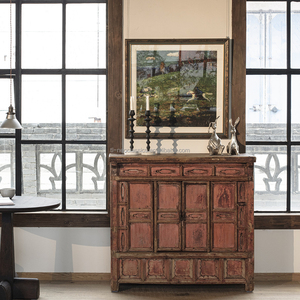 Comodino in Stile Cinese Tradizionale Vintage <span class=keywords><strong>con</strong></span> Laccatura Rossa Invecchiata, Ecologico e Fatto a Mano, per Arredamento Wabi-Sabi - Product Image 1