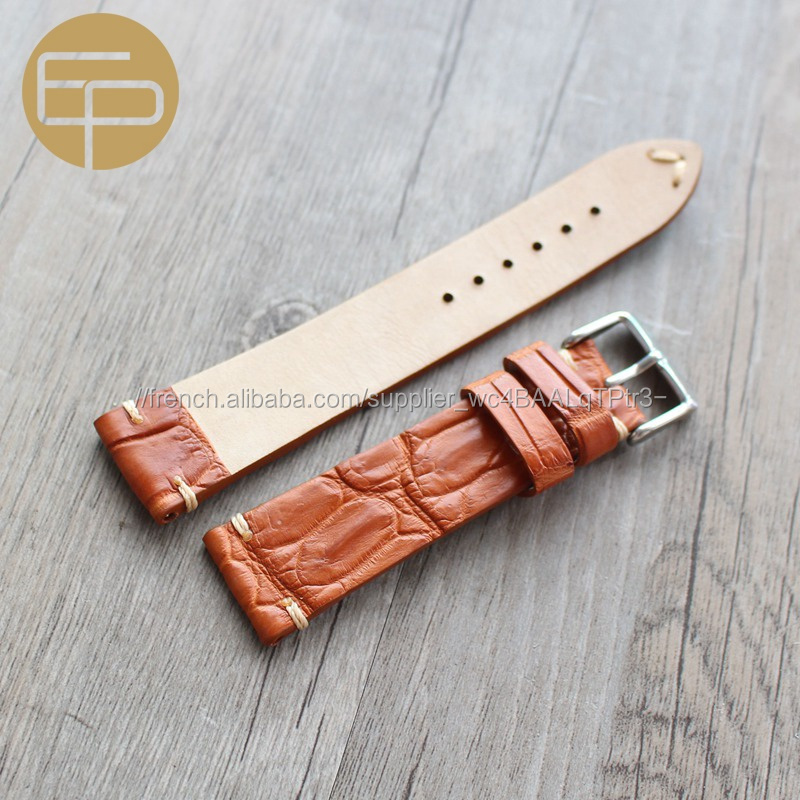 12 14 16 18 20 22 24mm Crocodile d'alligator plat en cuir de veau véritable bande de montre à la main renforcer couture
