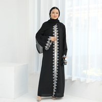 Élégante Abaya Noire Arabe à Broderies Florales, Manches Longues, Abaya Modeste de Dubaï pour l'Aïd, Abaya Ouverte Tendance pour Femmes Musulmanes
