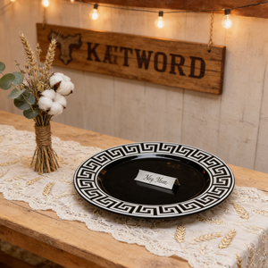 Plato Decorativo de Lujo Moderno con Fondo Negro y Borde Blanco, Patrón Griego, Fabricante, Venta al Por Mayor, Personalización Disponible - Product Image 5