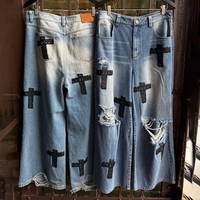 YYSY fabricant personnalisé Streetwear grande taille marque de mode bleu luxe Denim jean hommes croix Patch imprimé pantalon jean pour hommes