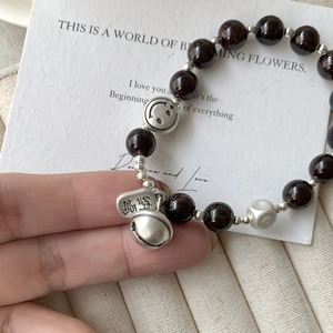 S925 Sterling Silver Garnet Smiley Face Bell <b>Bracelet</b> Elastic <b>Rope</b> Unisex Jewelry Gift - Product Image 3
