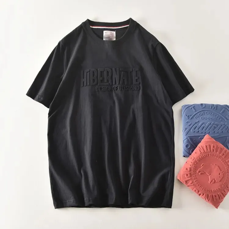 Benutzer definierte Logo gemacht geprägte T-Shirts einfarbige reine Baumwolle weichen Stoff 180gsm-240gsm gekämmte Baumwolle T-Shirt für Männer