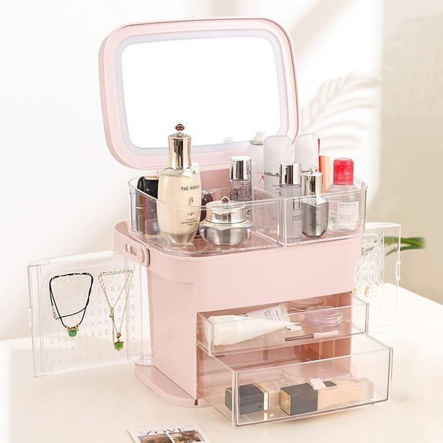 Eco-Friendly Plastic Makeup Storage Cabinet LED Lights Three-level Adjustable Featuring Mirror Large Capacity for Storing Makeup